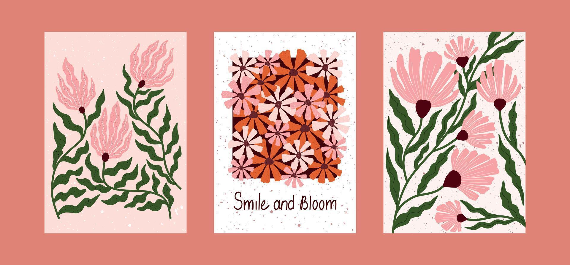 Hand drawn floral wall art with pink and orange flowers. Modern botanical posters with blooming wildflowers, textured petals, and green leaves. Minimal and trendy home decor illustration. vector