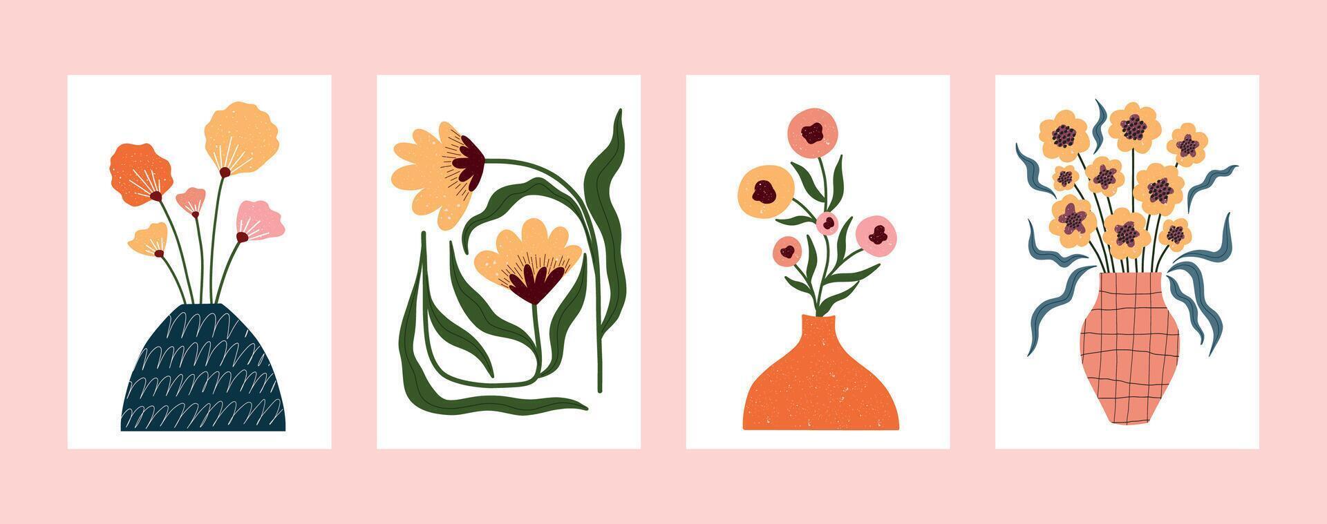 Set of hand drawn floral posters with decorative vases and minimal flat flowers. Whimsical and elegant botanical illustrations, perfect for wall decor, greeting cards, or modern interior accents. vector