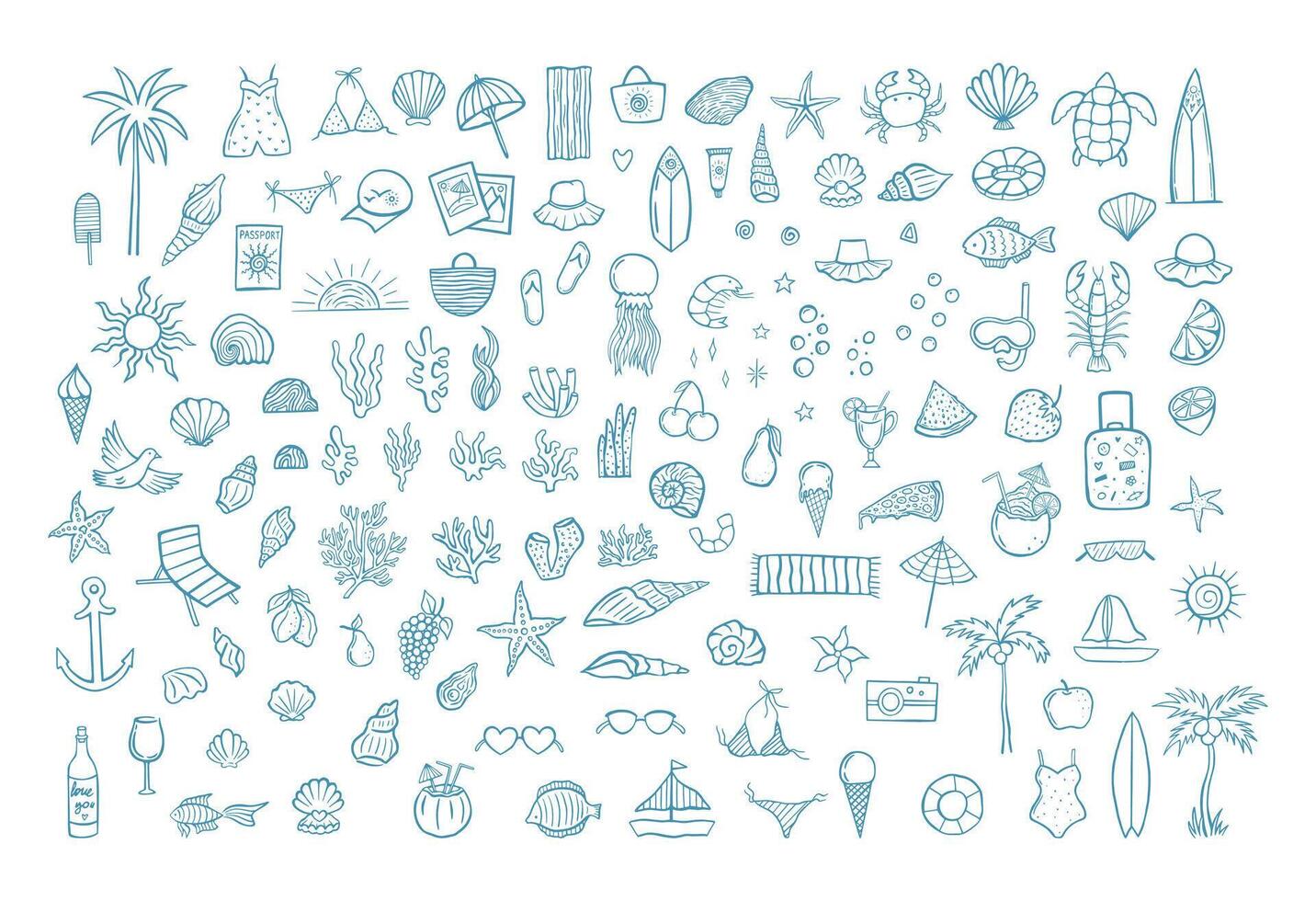 Hand drawn summer vacation icon set with beach elements, sea creatures, drinks, and accessories. Doodle style travel collection for posters, greeting cards, patterns, and digital design. vector
