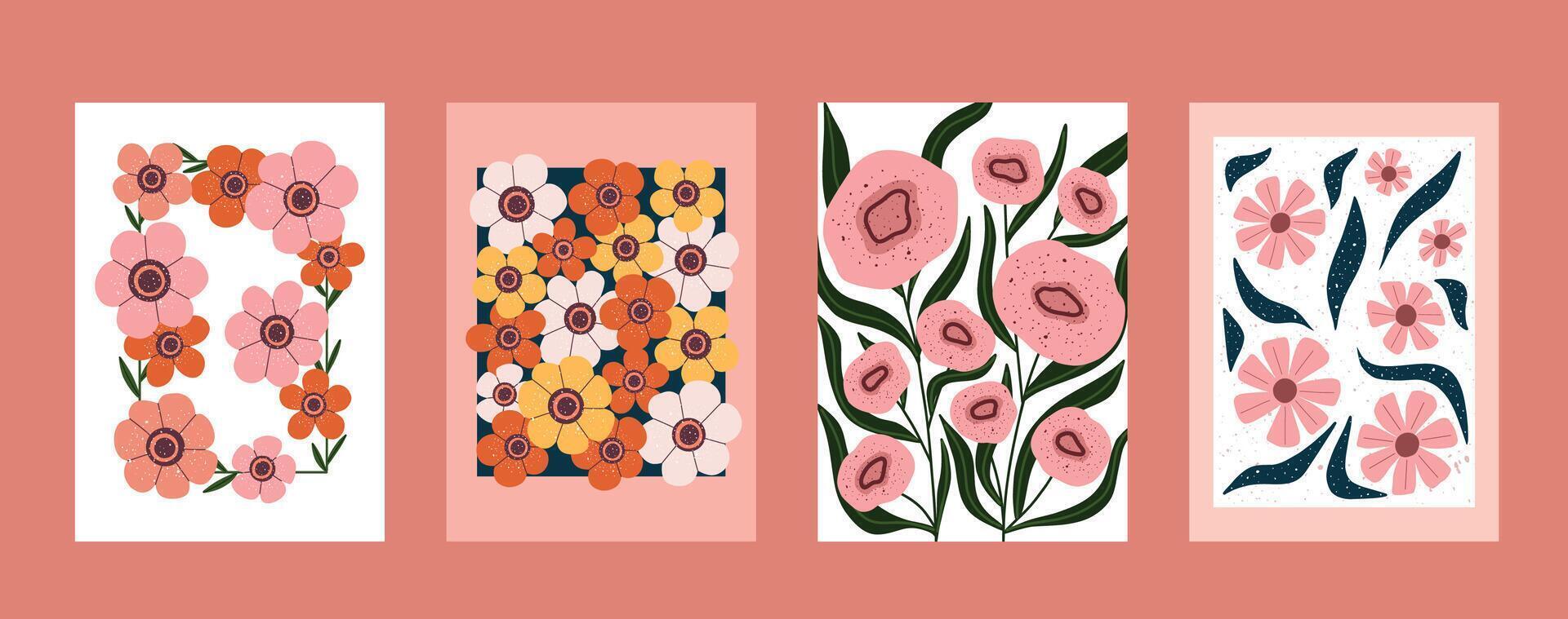 Set of hand drawn floral wall art in modern style. Colorful pink, orange and yellow flowers with green leaves. Minimal abstract flower compositions, trendy botanical prints for home decor. vector
