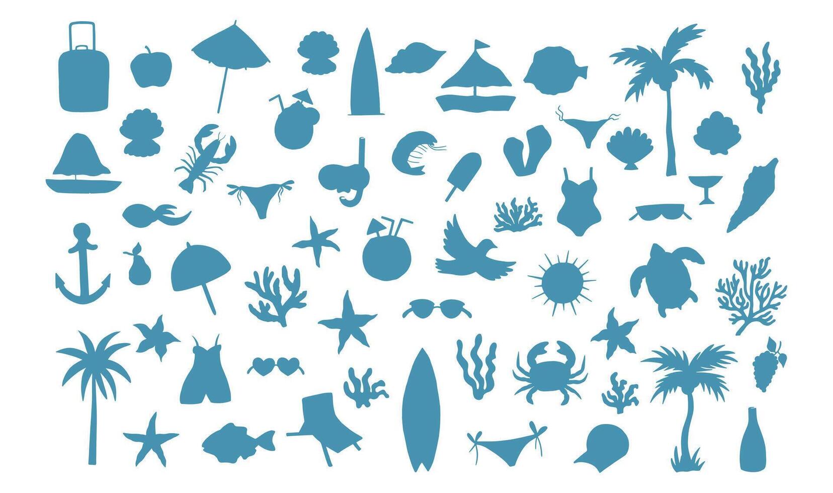 Hand drawn summer beach icon set in simple flat silhouette style. Includes tropical elements like palm trees, swimsuits, fruits, sea animals, cocktails, and sun symbols. Perfect for vacation designs vector