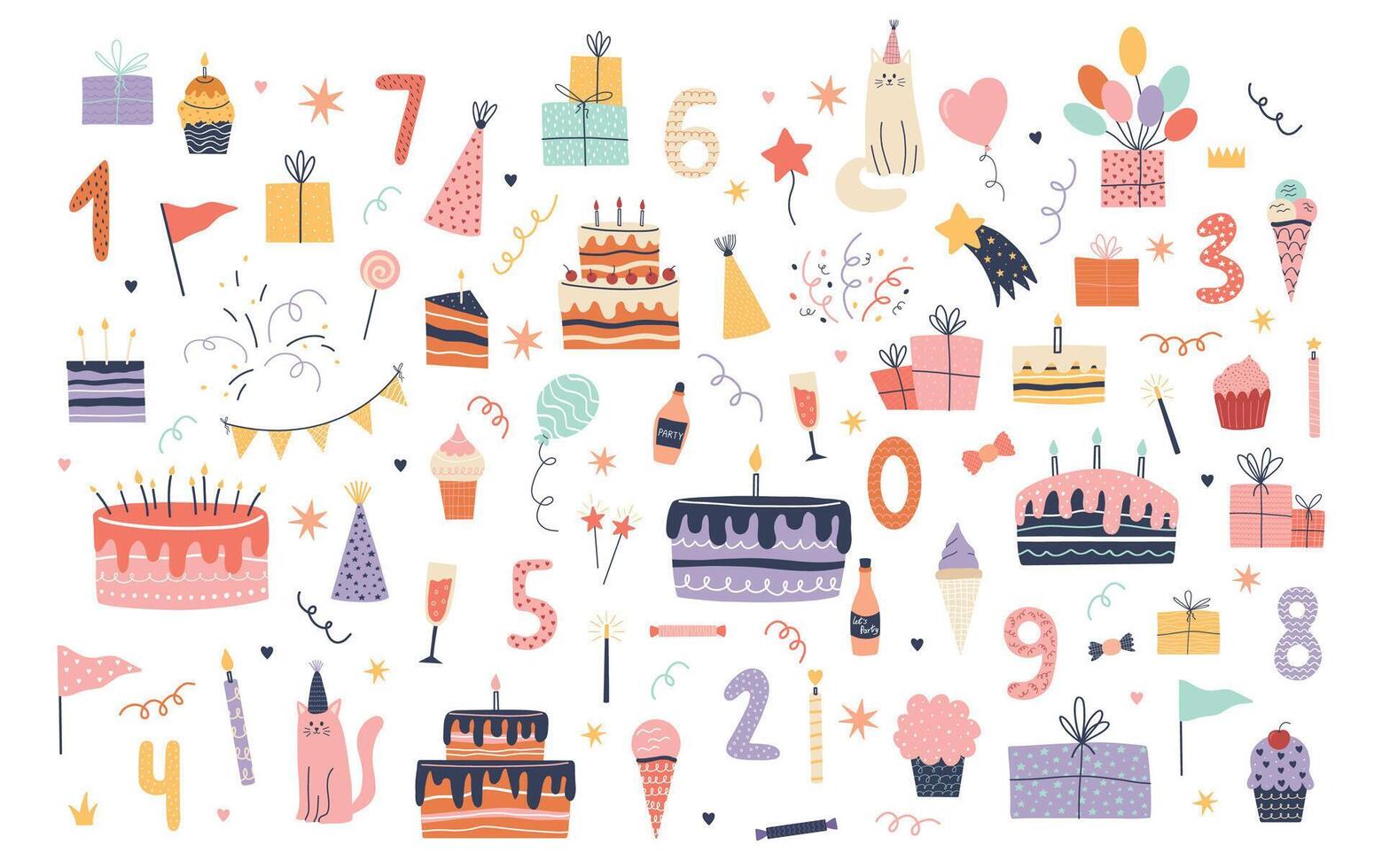Colorful birthday decorations and party elements vector
