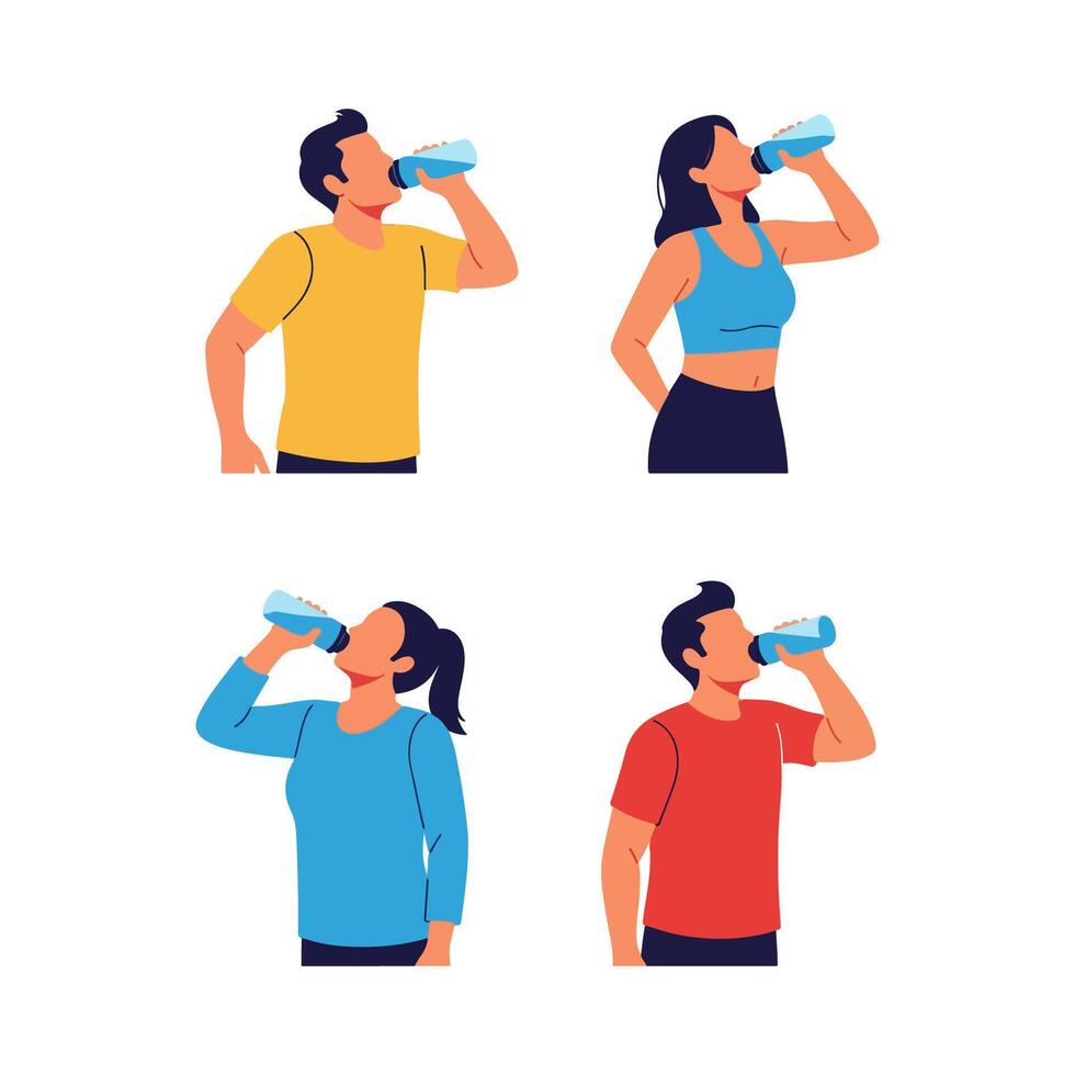 Four people drinking water from bottles vector