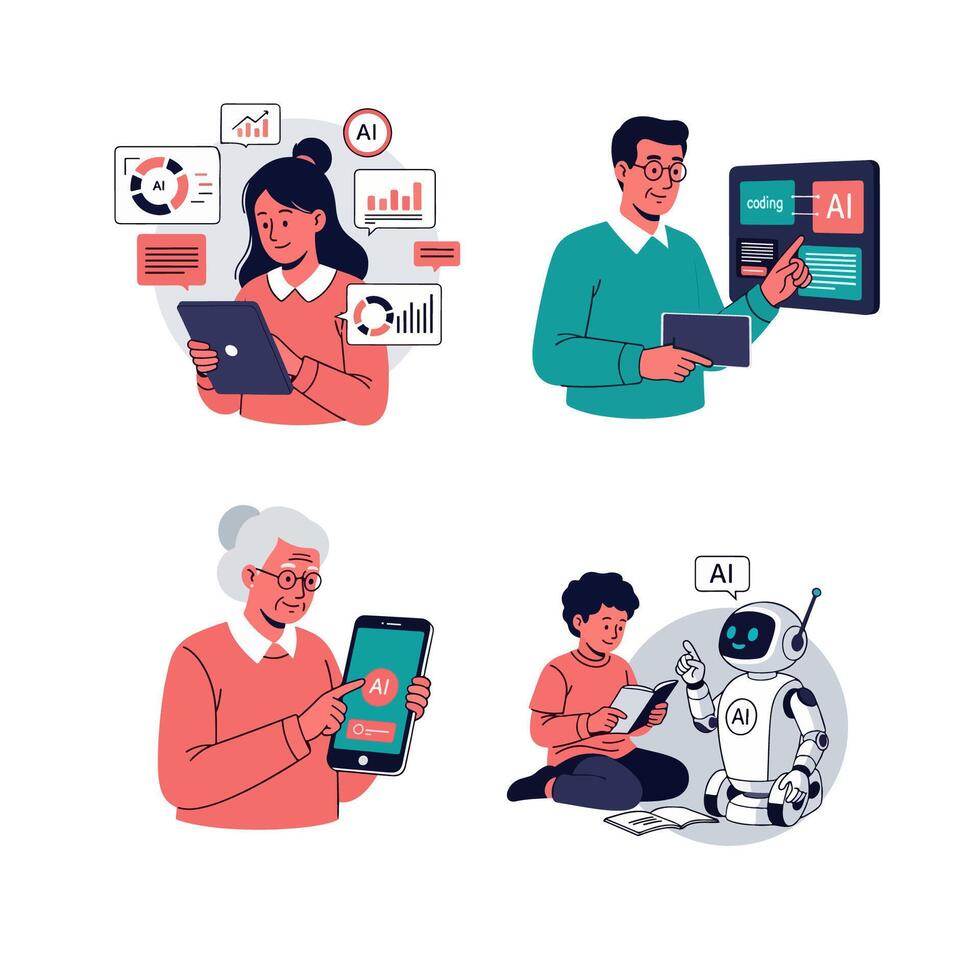 Four illustrations depicting people using technology vector