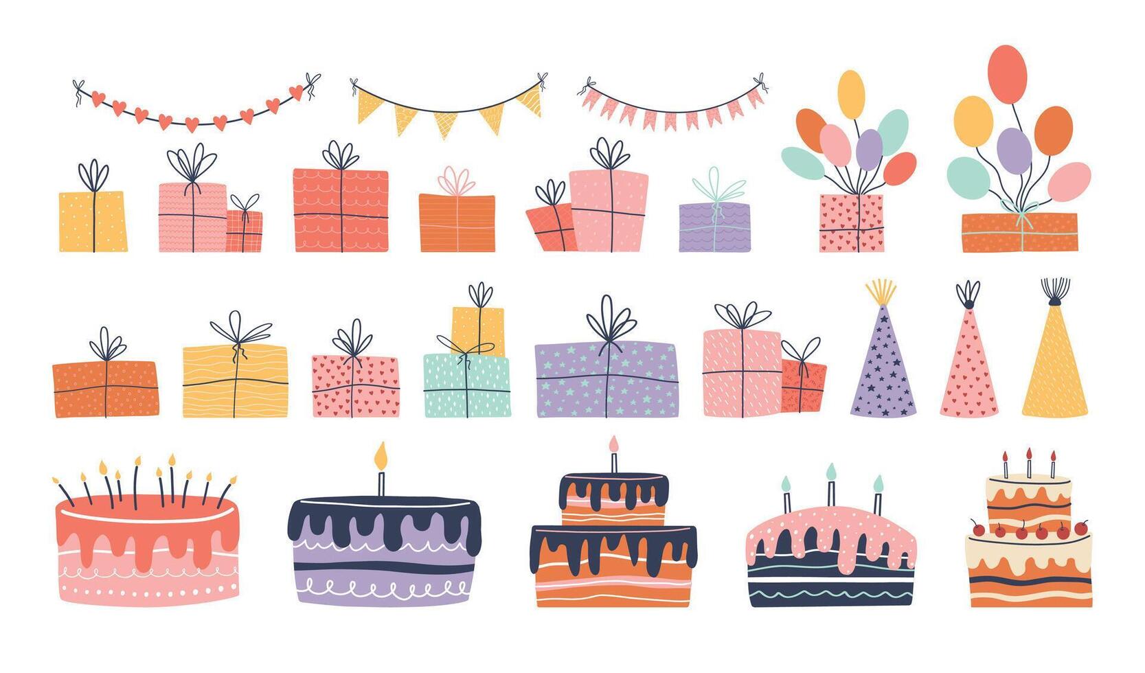 Colorful gifts and birthday cakes vector