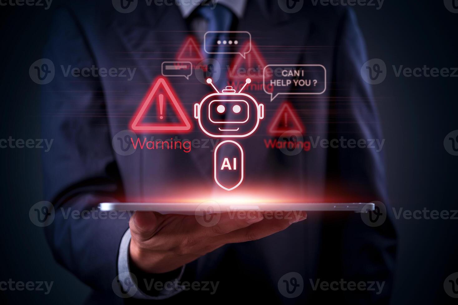 Man in suit holding tablet with ai and warning icons on it photo