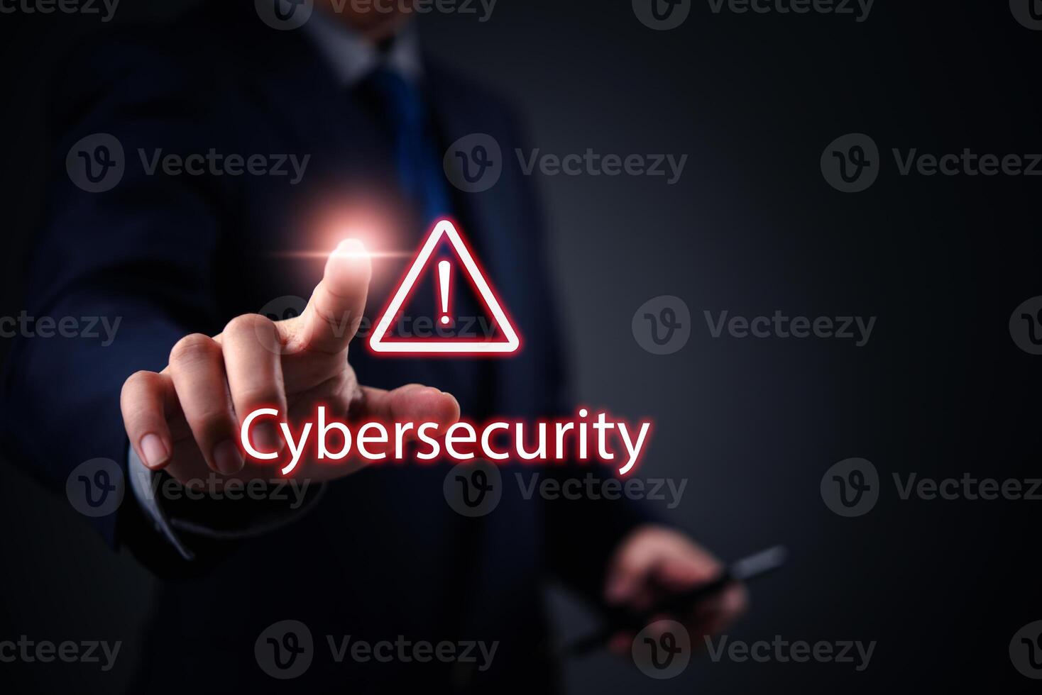 Cybersecurity concept - businessman hand pressing cyber security button on dark background photo