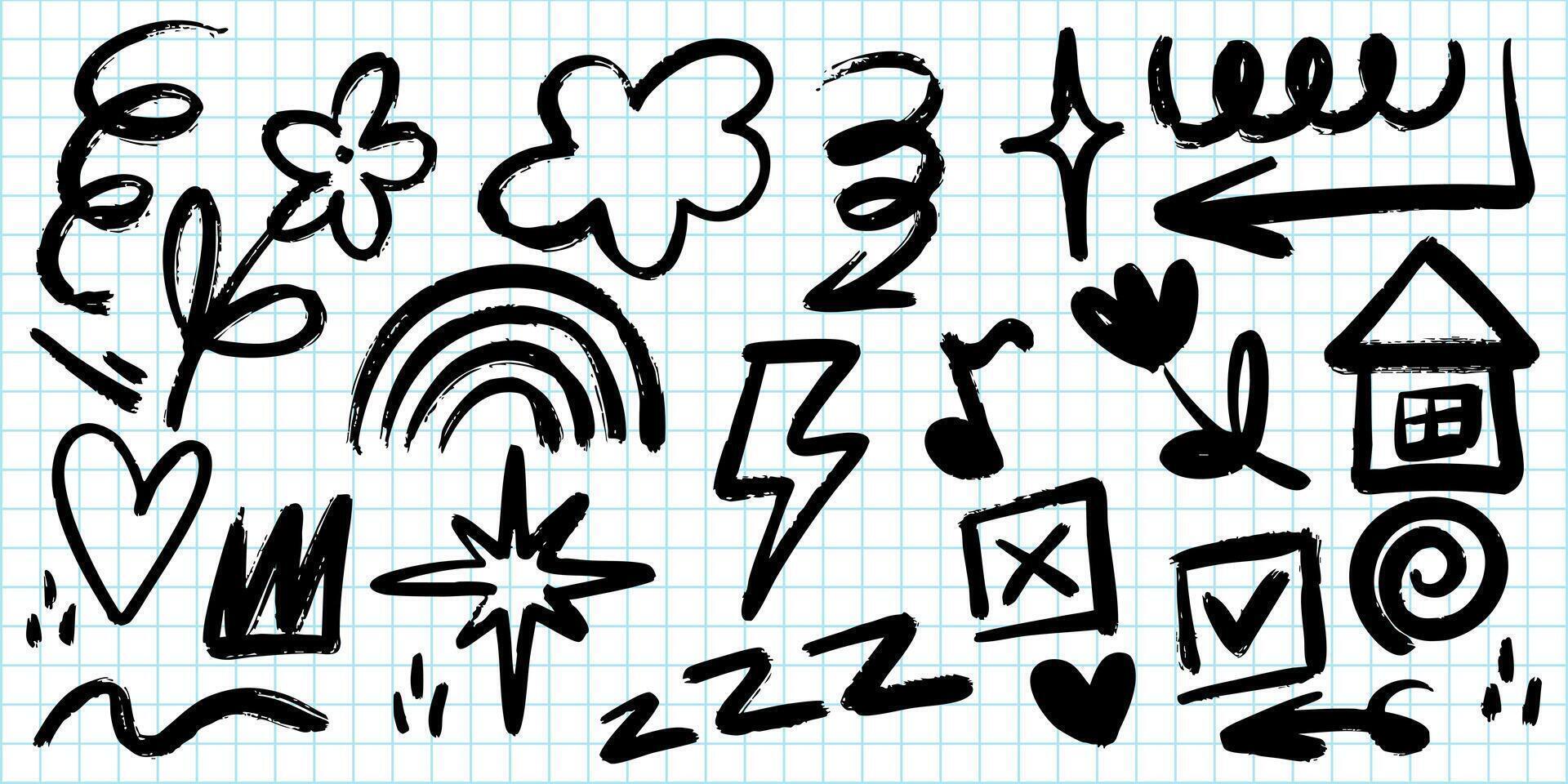 creative collection of hand drawn doodles on grid notebook paper, featuring whimsical sketches such as arrows, hearts, flowers, stars, clouds, rainbows, checkboxes, and musical notes. vector