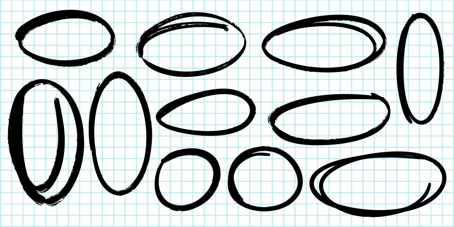 collection of hand drawn oval and circle shapes in black marker on a blue grid paper background vector