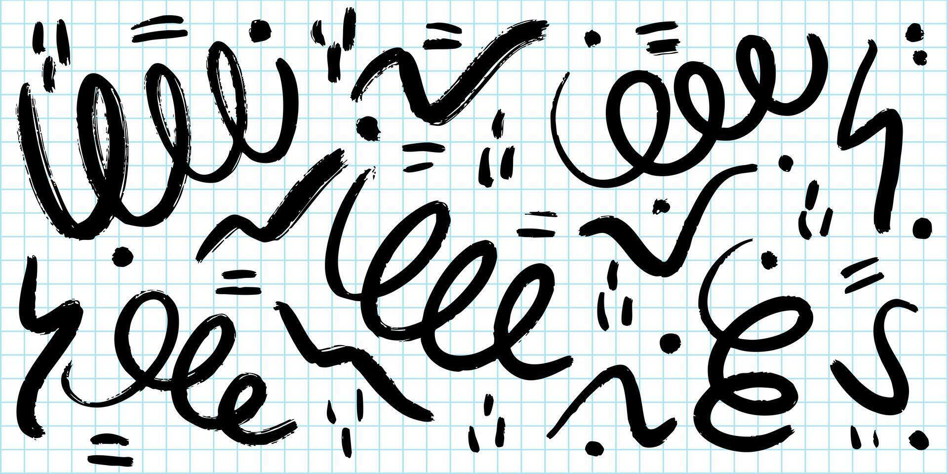 collection of abstract black brushstroke doodles and scribbles on a blue graph paper background. vector