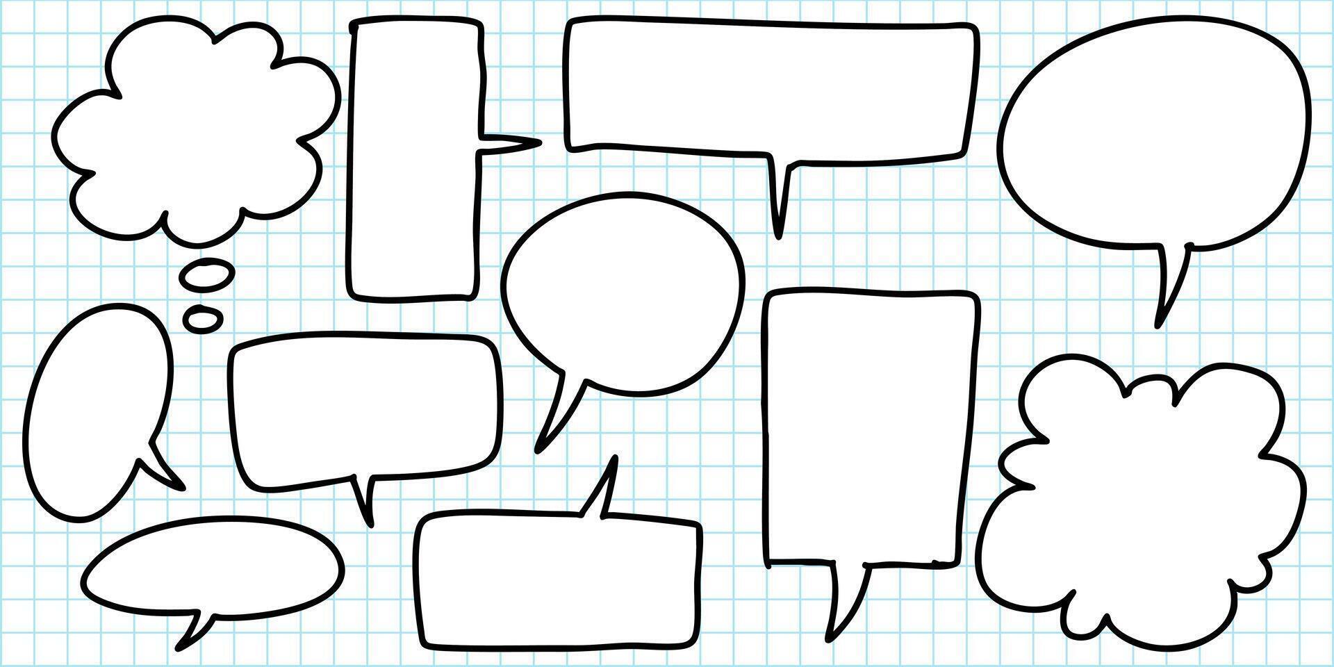 Hand Drawn Comic Speech Bubbles on Graph Paper Background. vector