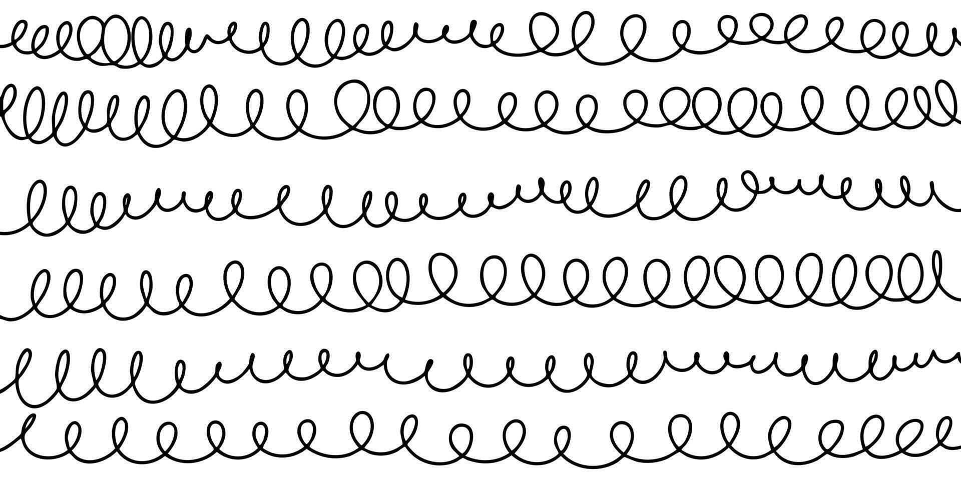 hand drawn spiral lines in black on white background. Abstract squiggle loops and curly strokes create a playful, dynamic texture. vector