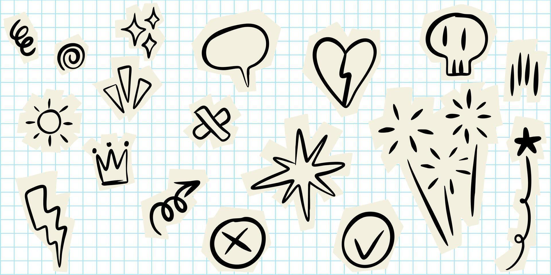 set of hand drawn doodle style stickers on a blue grid paper background. Includes symbols lightning bolts, stars, fireworks, speech bubbles, broken heart, crown, skull, check mark, and sunburst. vector
