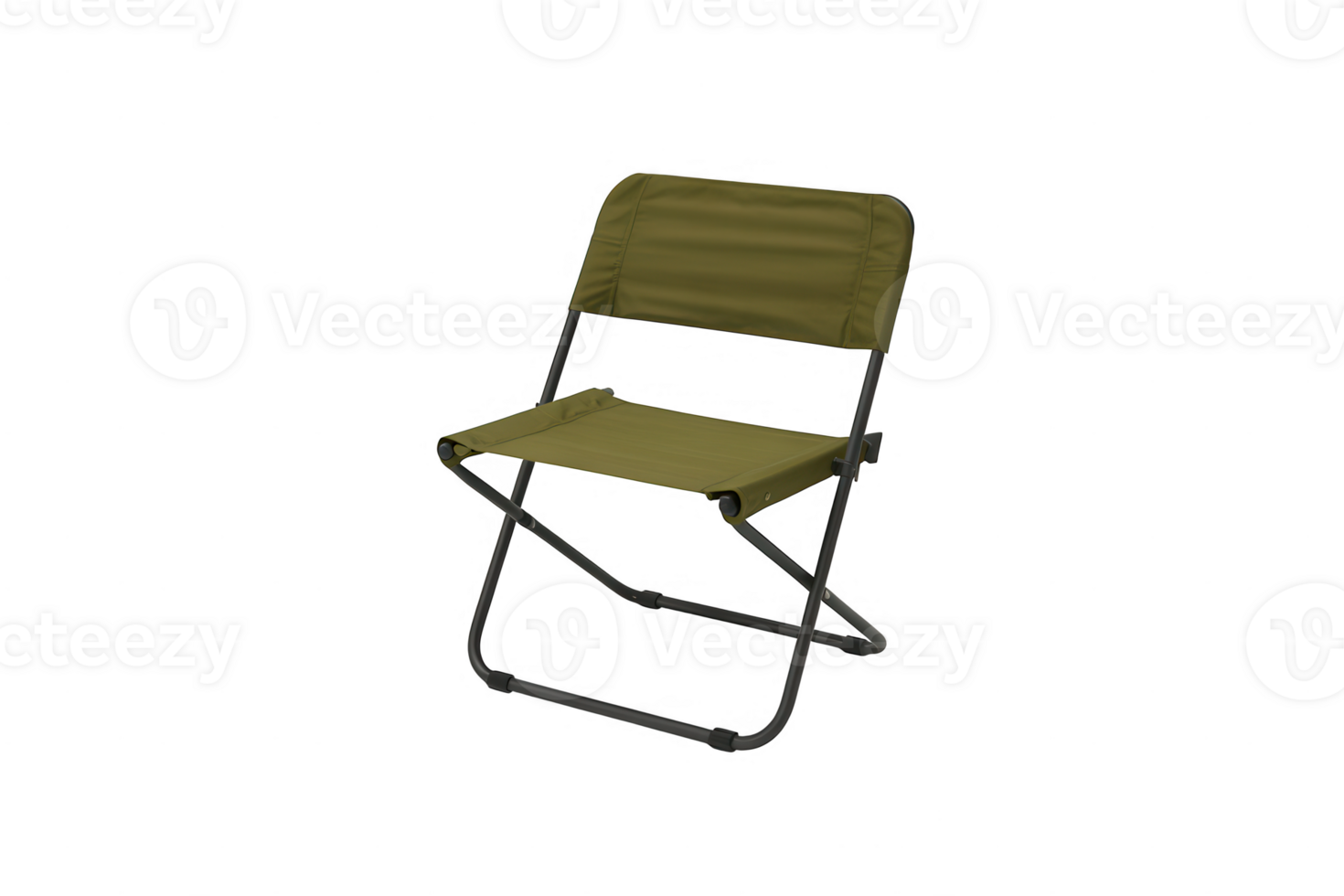 olive green folding chair with a metal frame on a transparent background in a studio setting png