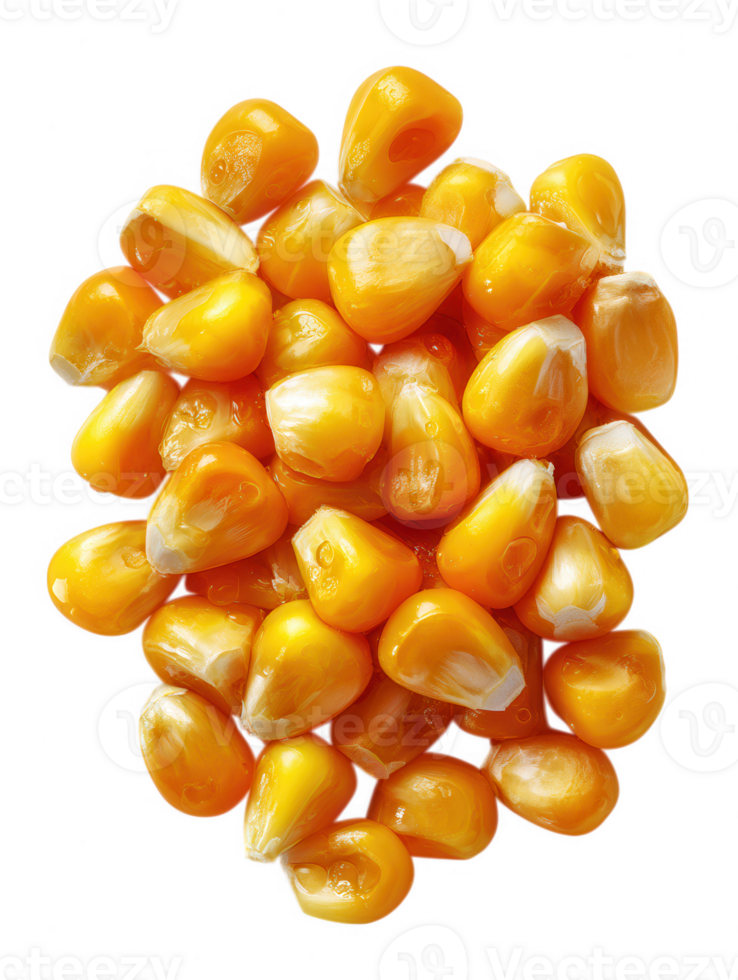 Close up view of a pile of yellow corn kernels on a transparent background in a studio setting png