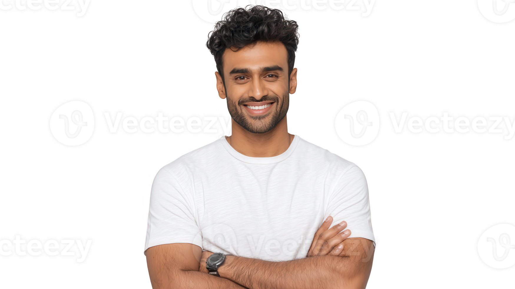 Smiling man with curly hair poses confidently wearing a white t shirt and a wristwatch on transparent background png