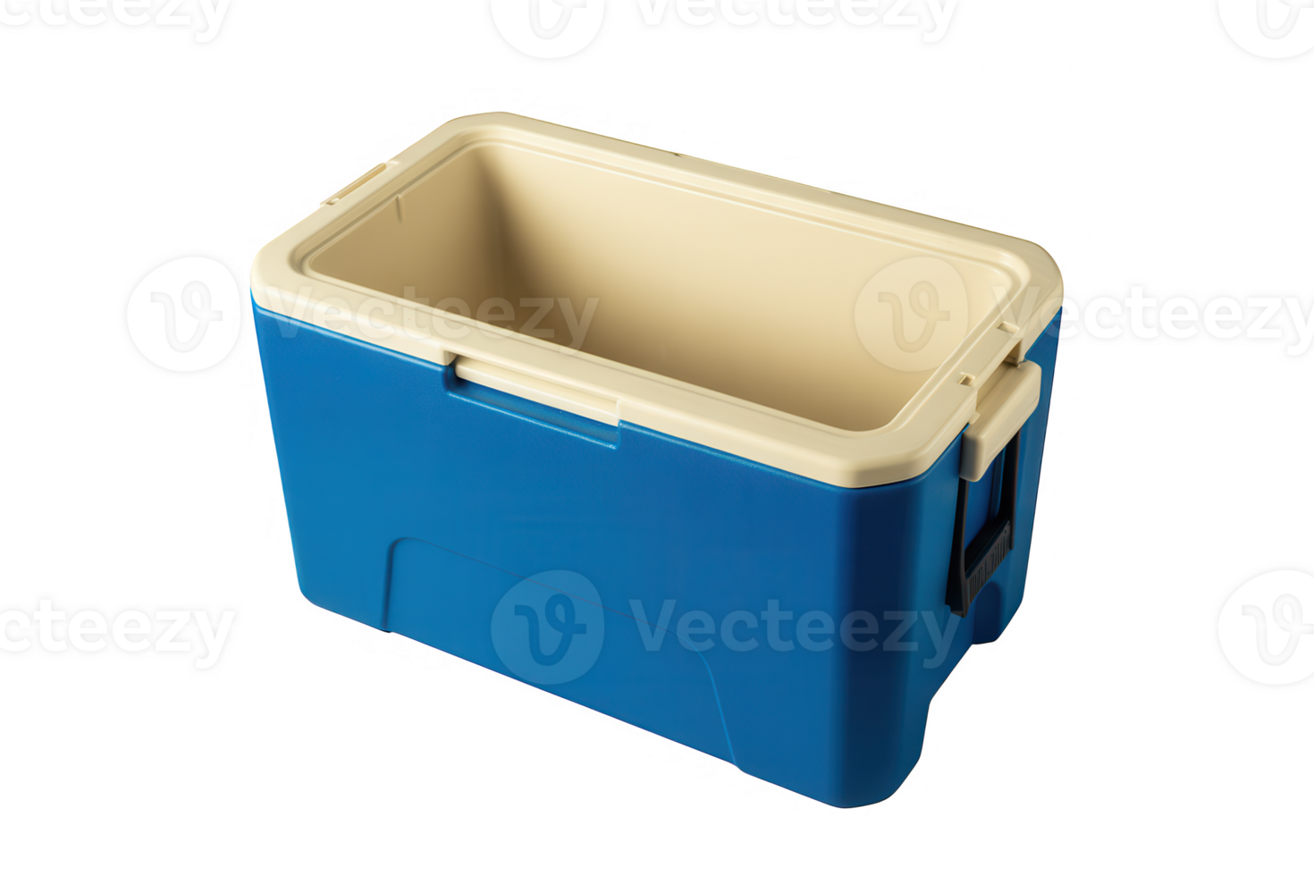 blue cooler box with white interior on a transparent background for picnic or travel equipment png