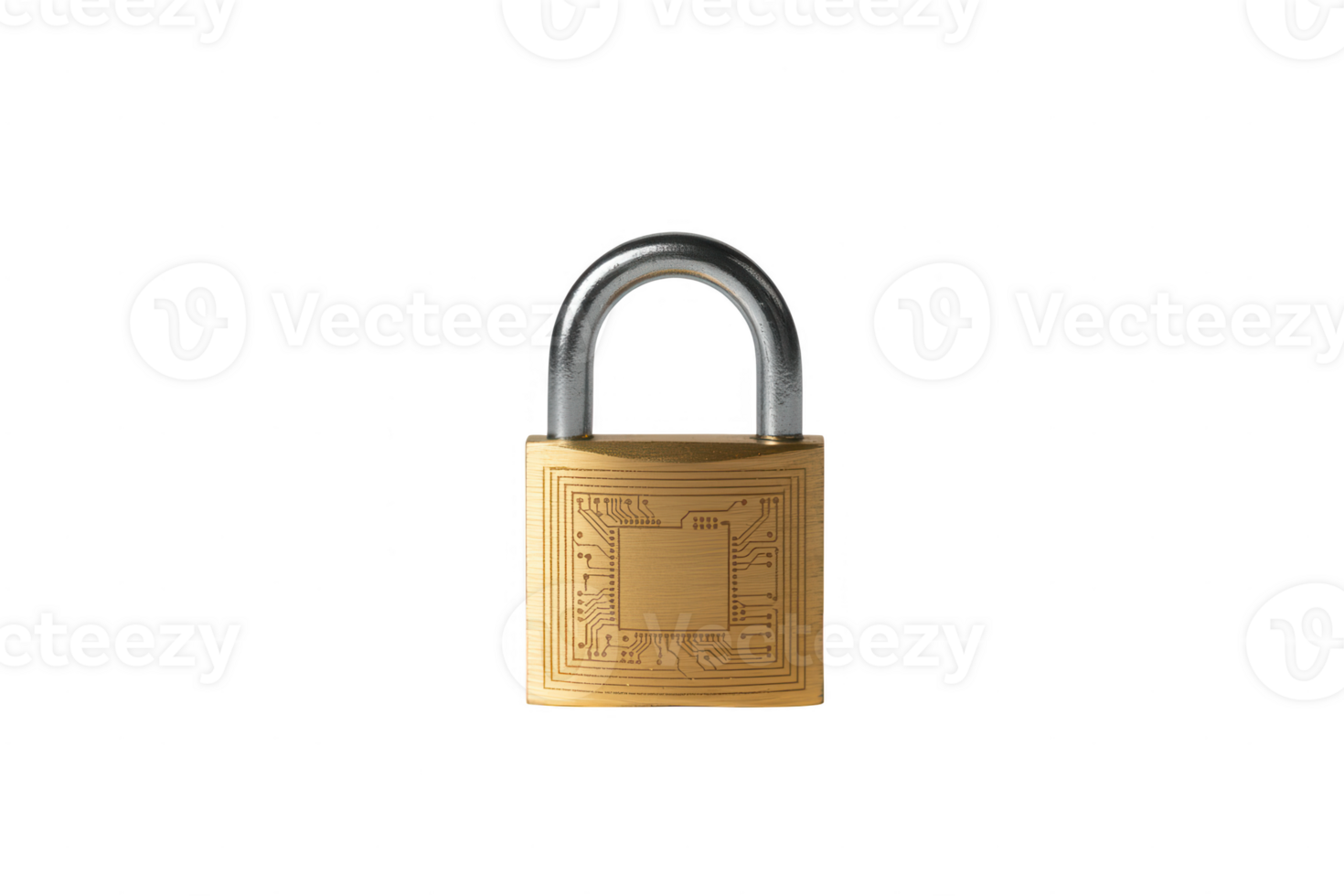 A golden padlock with a silver shackle and a circuit board design on a transparent background isolated png