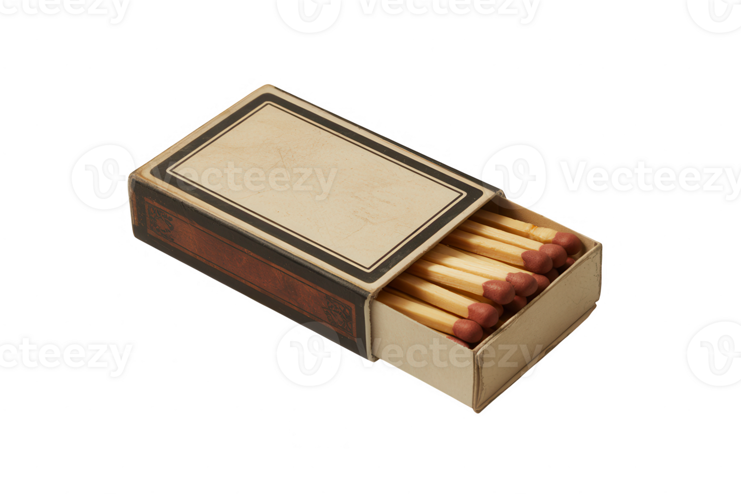 An open matchbox filled with wooden matches sitting on a transparent background png