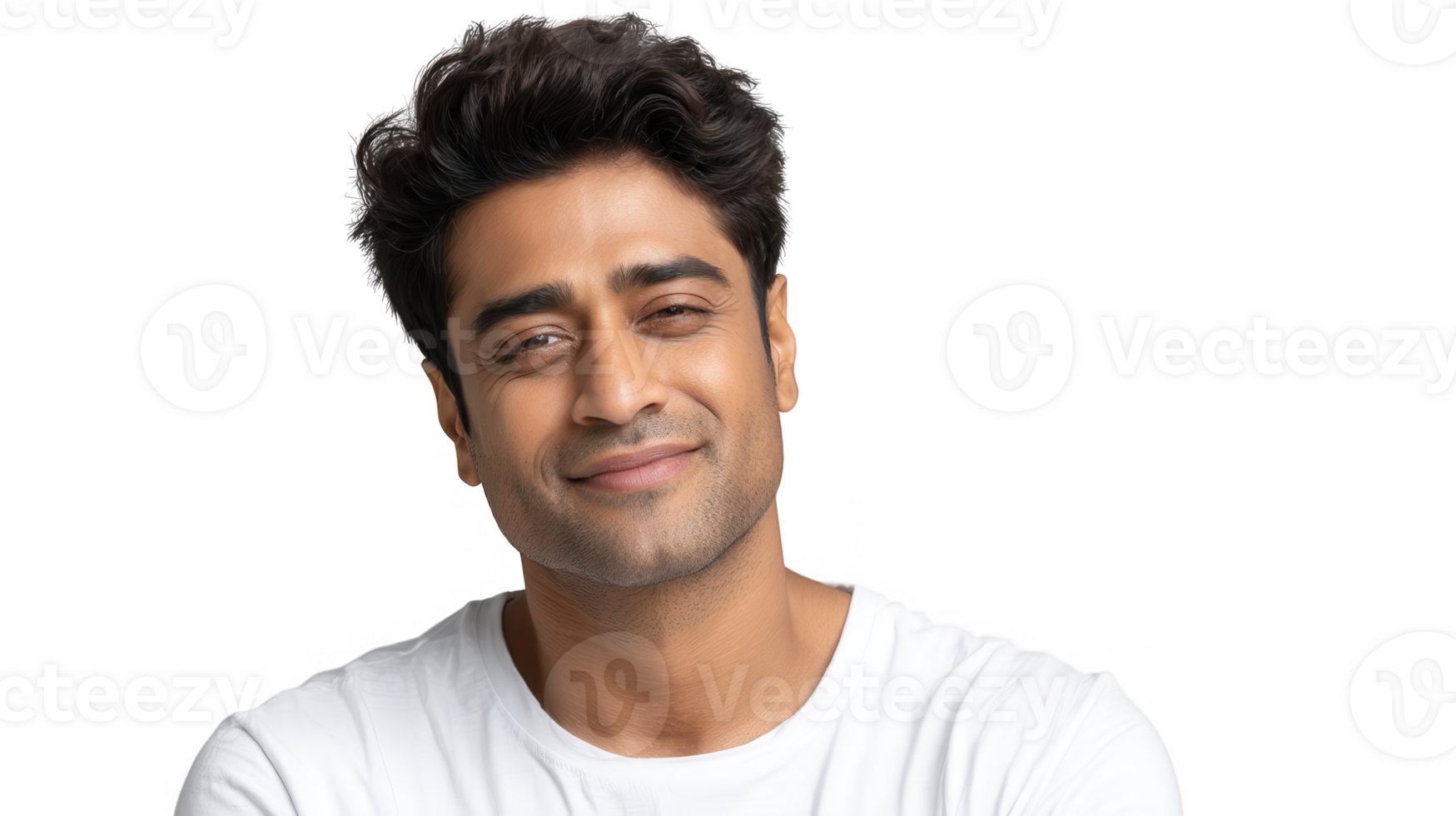 Handsome man portrait with curly hair and a slight smile wearing a casual white t shirt looking at camera png
