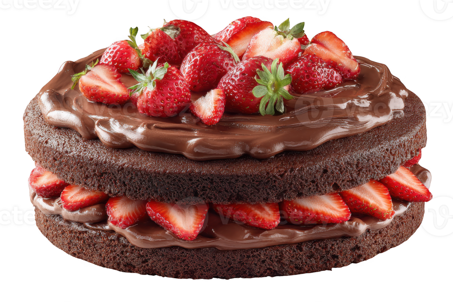 A chocolate layer cake with strawberries and chocolate frosting on a transparent background png