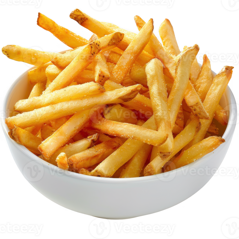 Golden french fries fill a white bowl creating a tasty snack for enjoying as a side dish or appetizer png