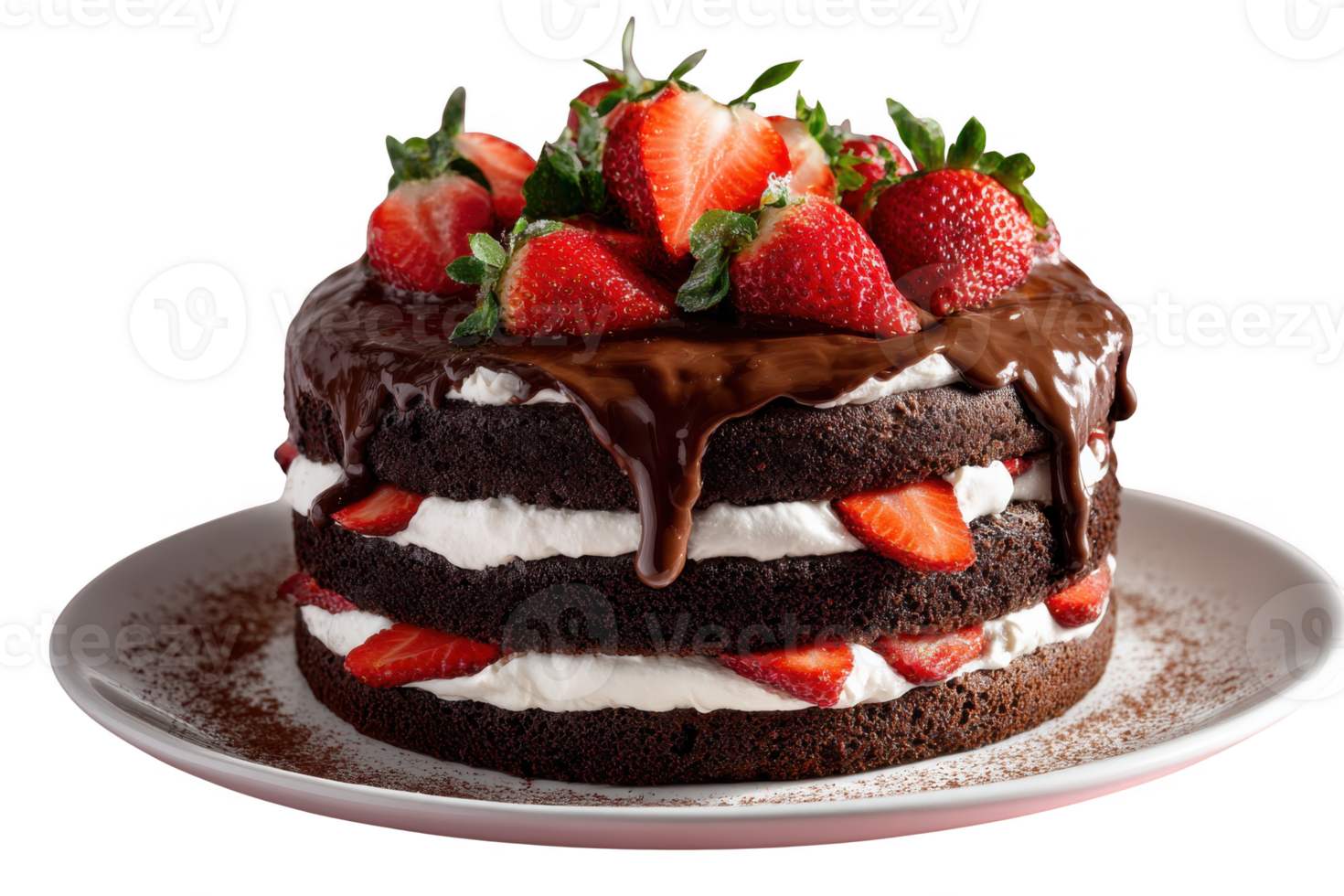 A chocolate cake with strawberries and cream on a white plate with a transparent background png