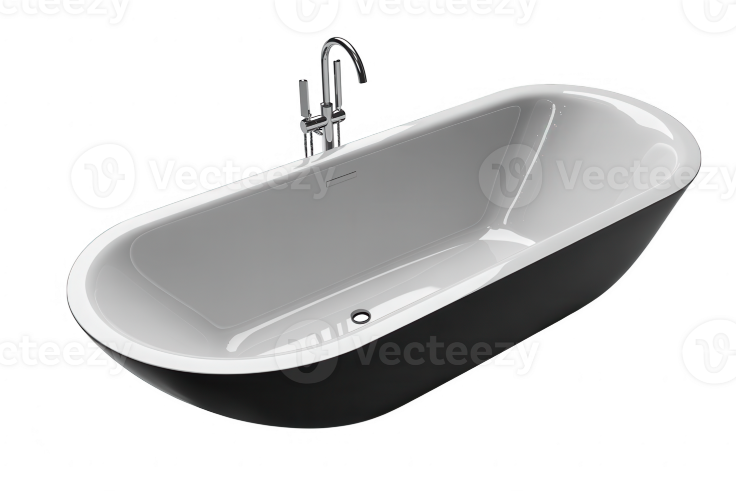 black and white bathtub with chrome faucet on a transparent background png