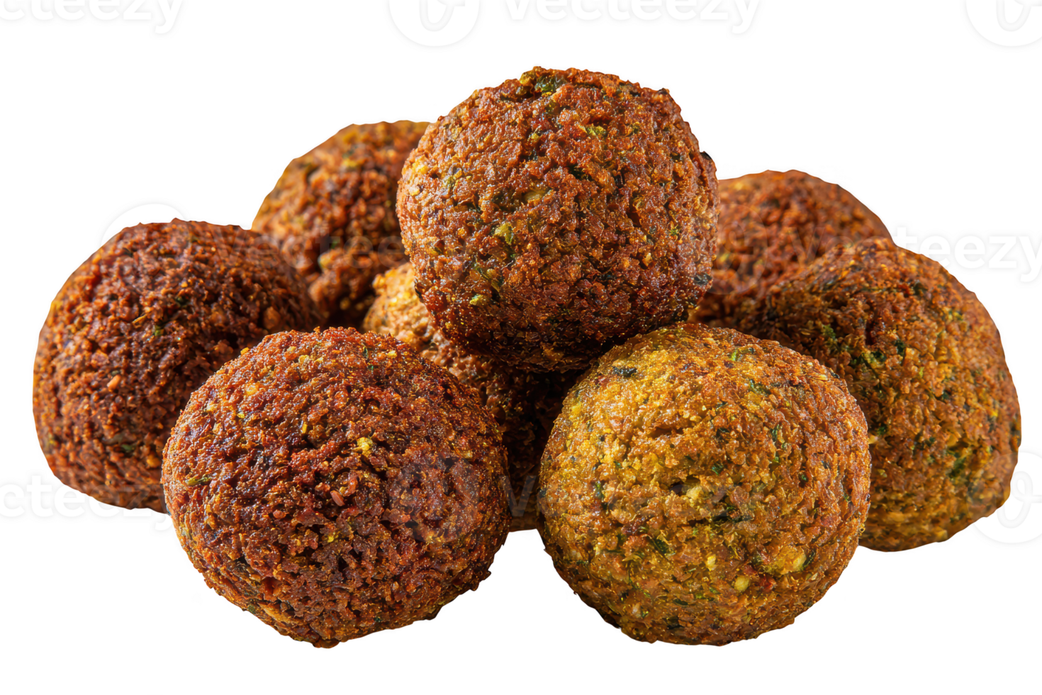 Close up of a pile of fried balls with a textured surface on a transparent background studio shot png