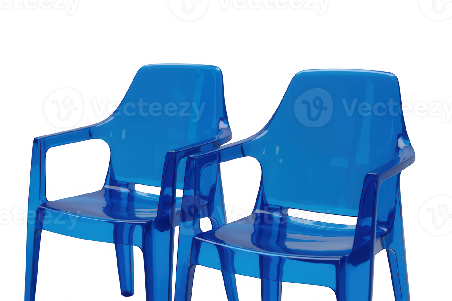 Two vibrant blue plastic chairs sit side by side against a stark transparent background png
