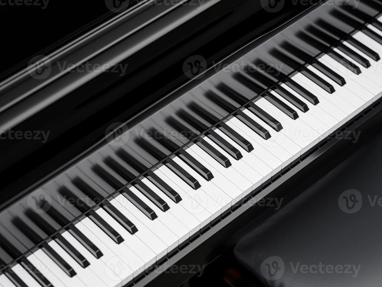Full set of piano keys in a shiny black grand piano photo