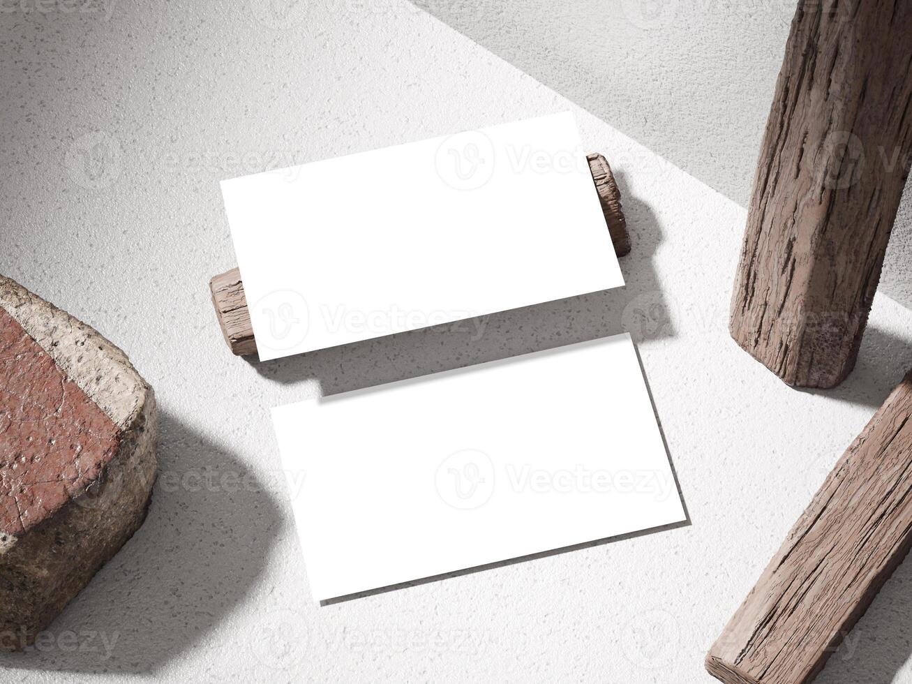 Stylish business card mockup with a stone base and wooden accents, creating a modern yet rustic look. photo