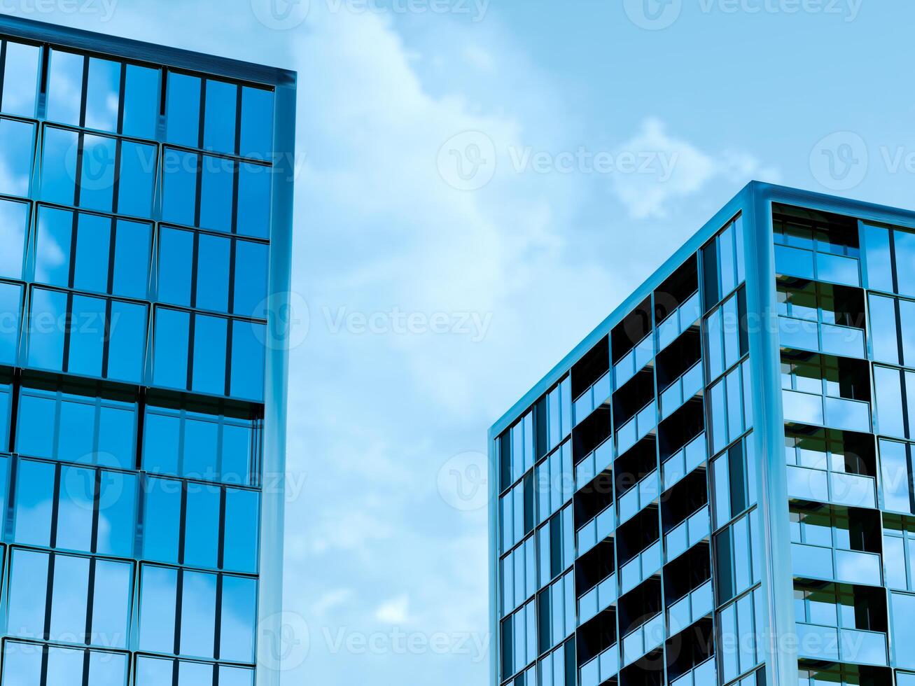 Angular office blocks with grid windows mirror clouds photo