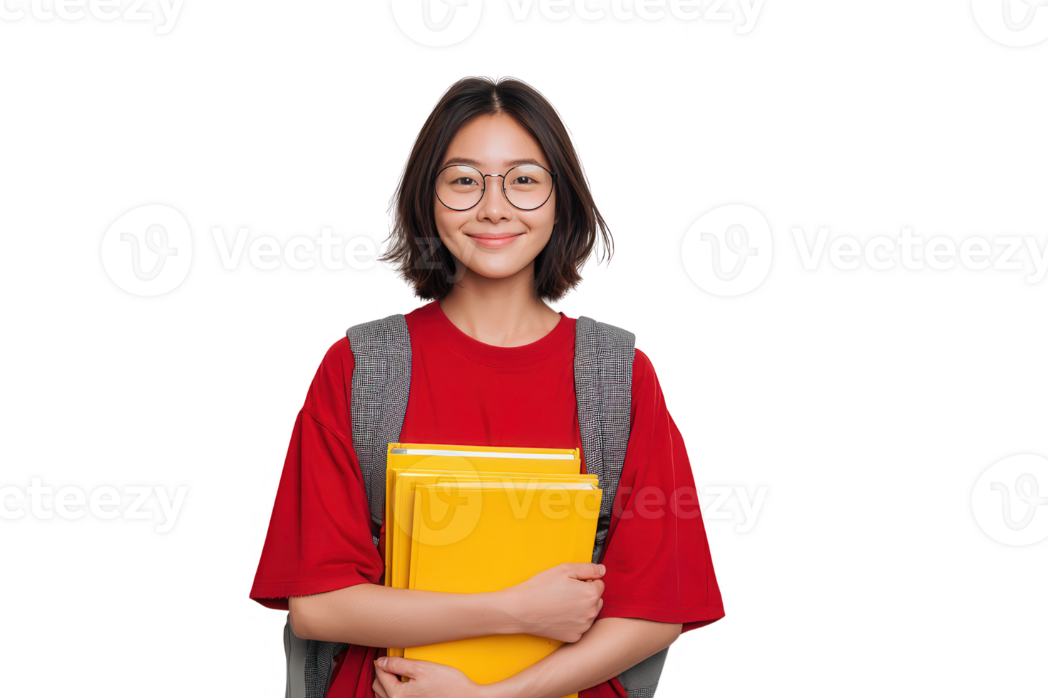 Smiling student wearing glasses and backpack holding yellow books ready for school or college study png