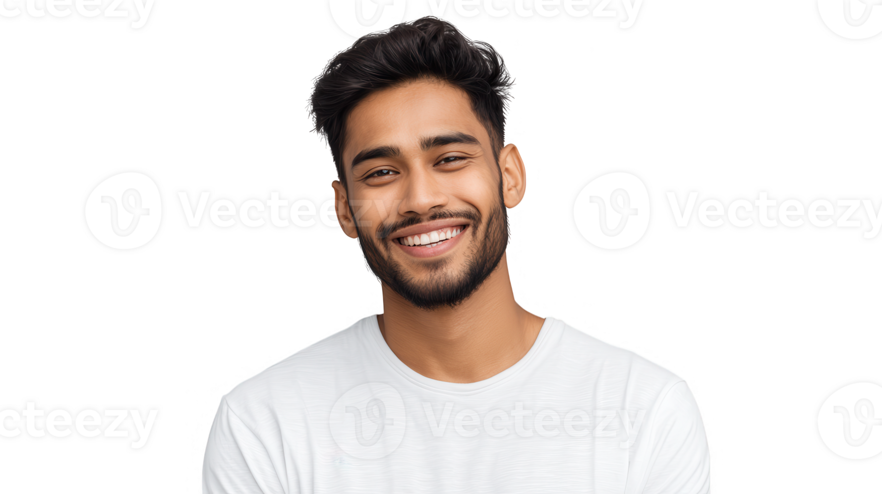 Handsome man with dark hair and beard smiles broadly wearing a white shirt against transparent background png
