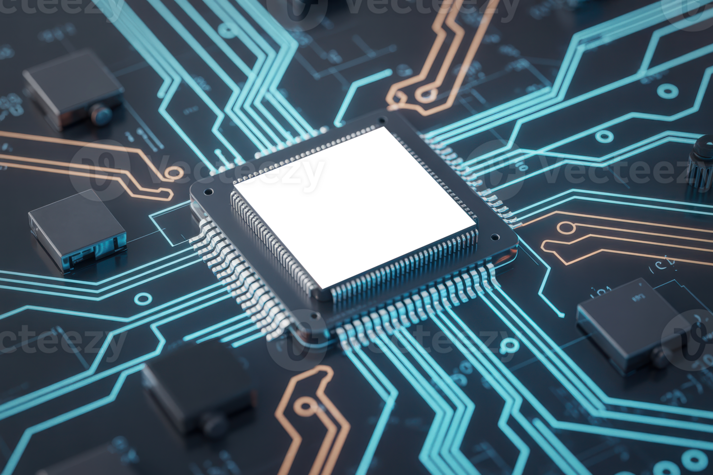Computer microchip with glowing circuit board background png