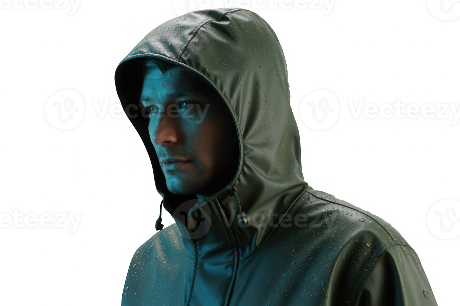 Man in a green raincoat with hood up looking to the side on a transparent background png