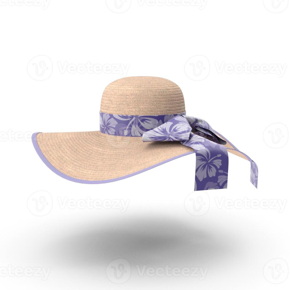 Elegant Straw Sun Hat with Lavender Ribbon Fashion Accessory, 3d, white background photo