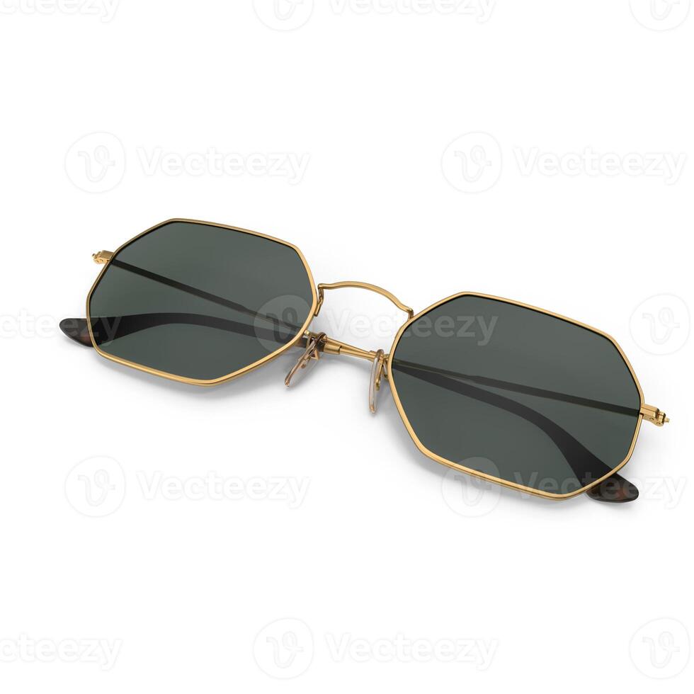 Gold Frame Sunglasses Octagon Shape Green Lenses Fashion Accessory, 3d, white background photo