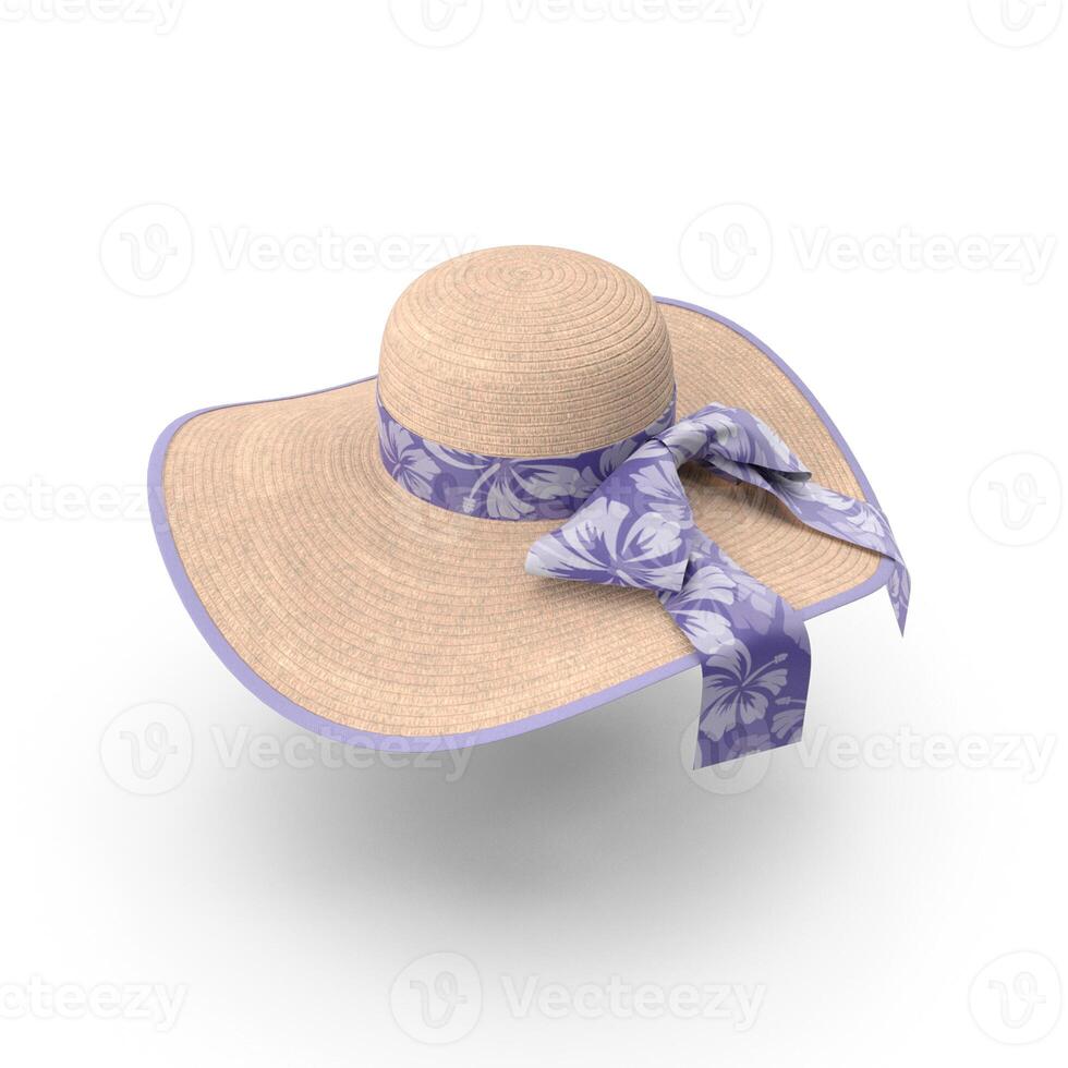 Wide Brim Straw Hat Lavender Ribbon Summer Fashion Accessory, 3d, white background photo