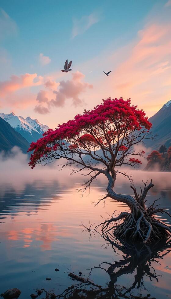 Tranquil Reflections Under Scarlet Leaves photo