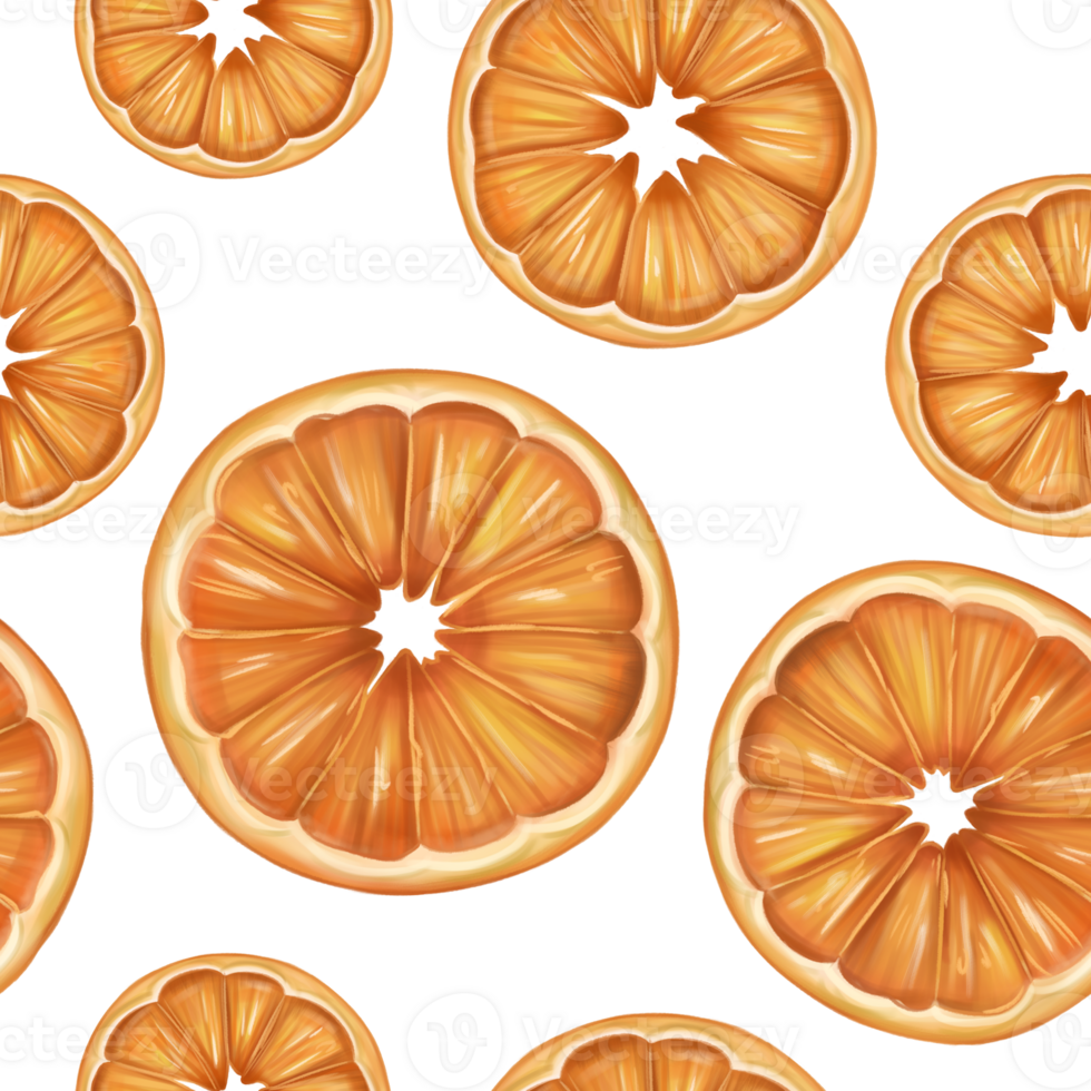 Seamless pattern with bright fruits, oranges and leaves. Sweet healthy dessert, cooking ingredients, juice. Decorations for a festive table, a summer party. Hand-drawn illustrations, background png