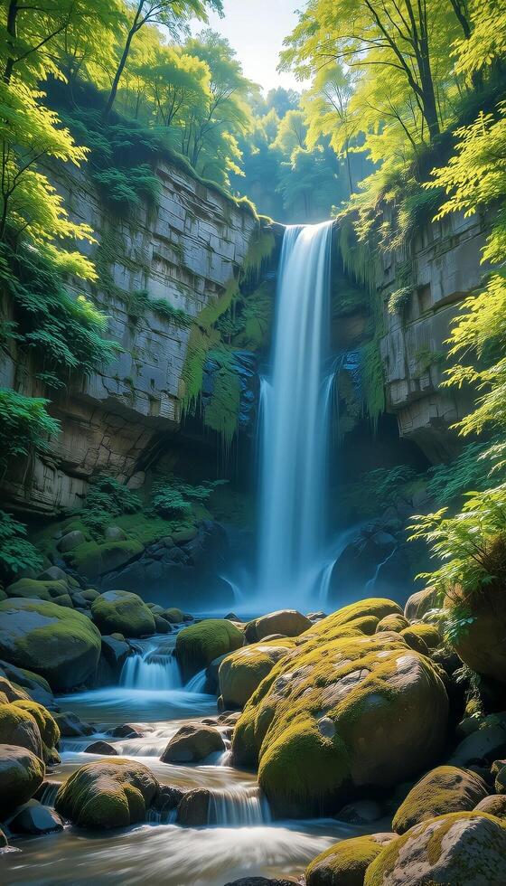 Majestic Waterfall Amidst Lush Tropical Greens photo