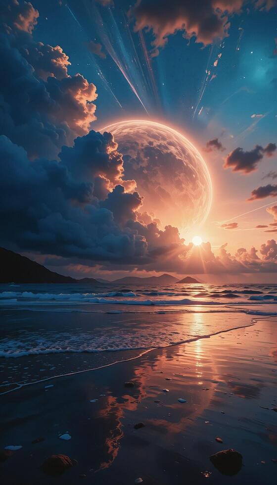 When the Sun Meets the Moon Over the Ocean photo