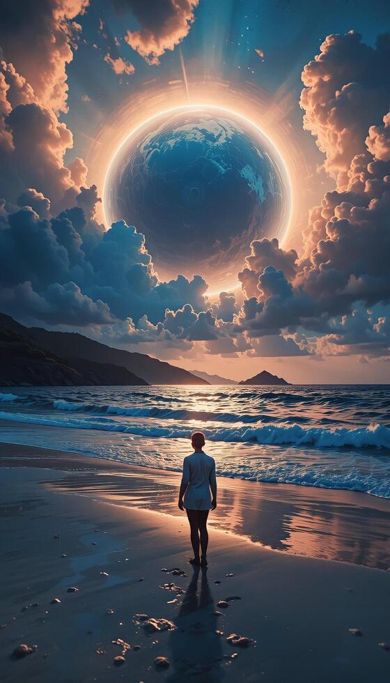 Sun and Moon Embrace at Sea photo