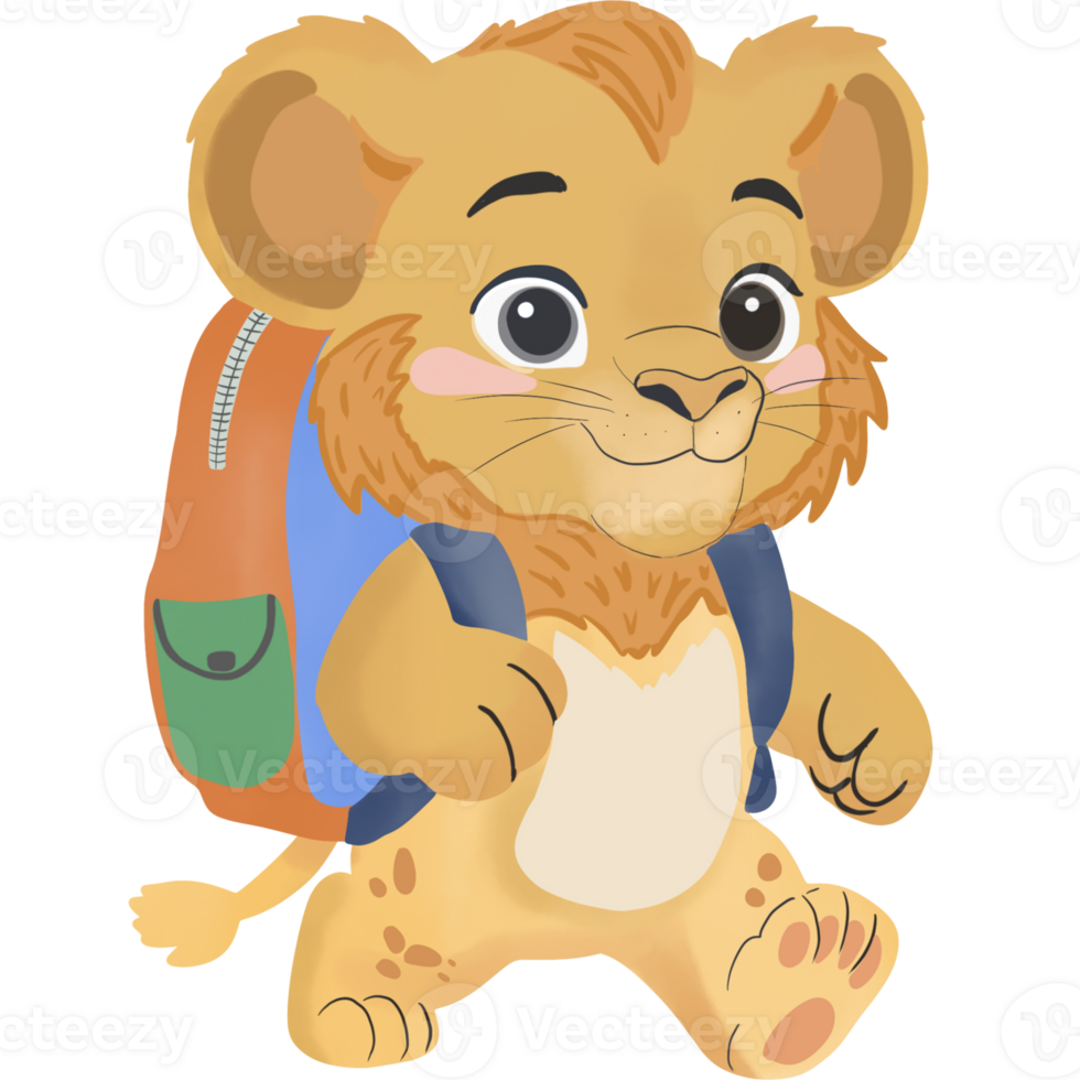 Cute cartoon lion student going to school with backpack. png