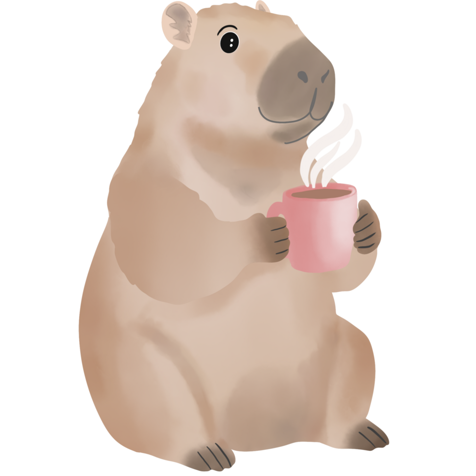A cute illustration of a capybara holding a pink mug with steam rising, enjoying a warm drink. The capybara has a calm and cozy expression, perfect for coffee or tea-themed designs. png