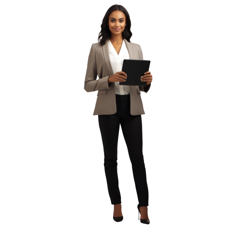 Full body woman in a business suit holding a tablet png