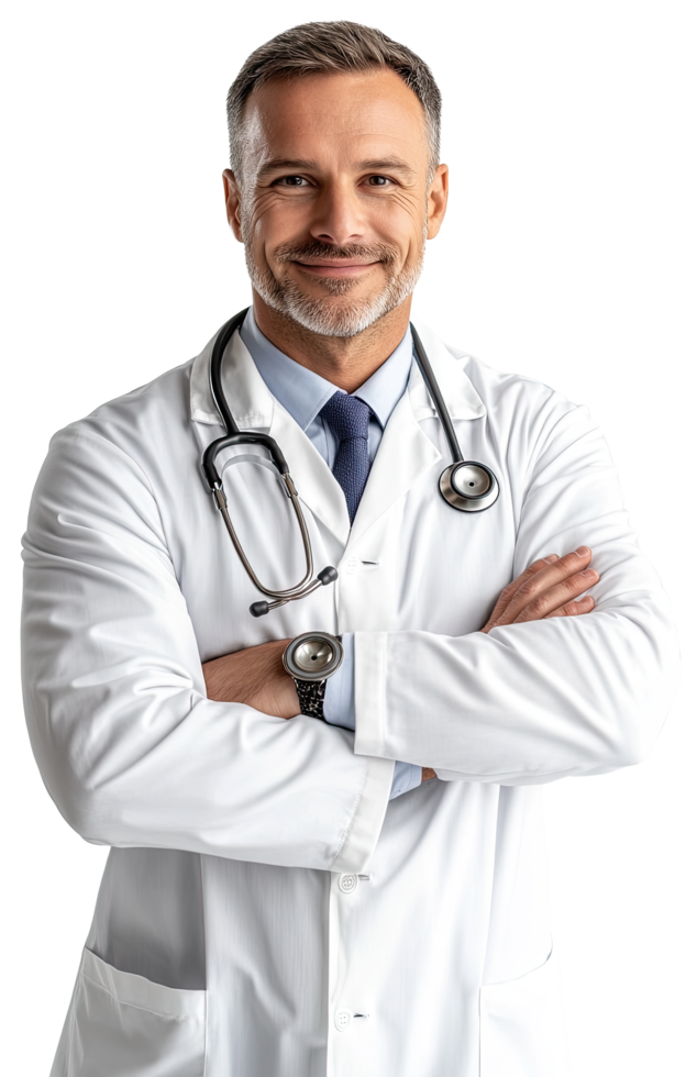 A male doctor in a white coat Stand with arms crossed png