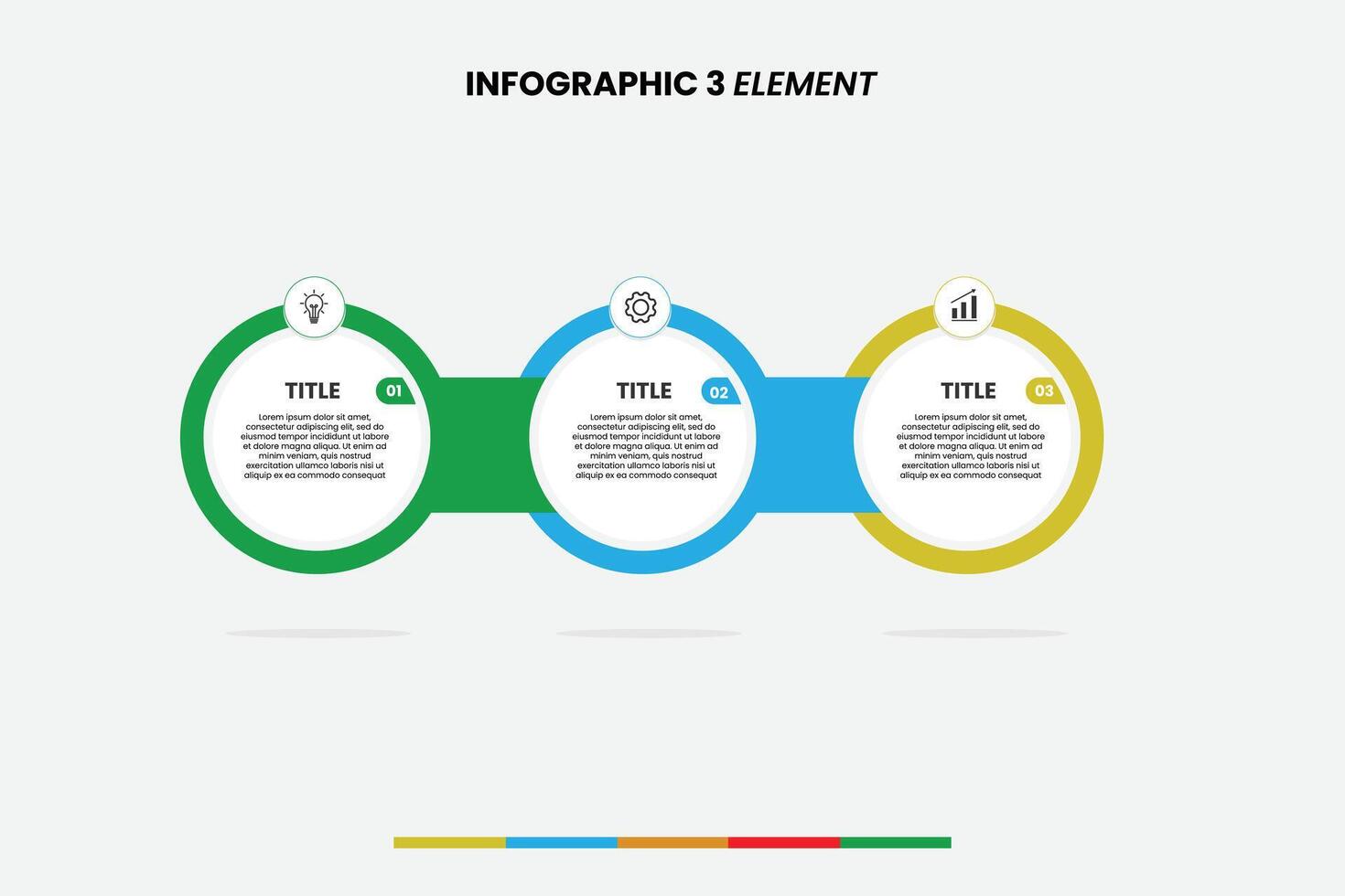 Infographic template features a modern, minimal design with three colorful elements in a horizontal layout. Each section includes an icon, title, and placeholder text vector